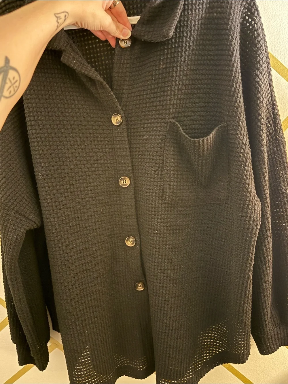 Black Button-Front Waffle Knit Shacket